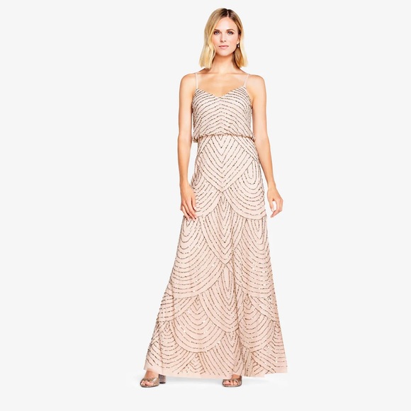 Adrianna Papell Art Deco Beaded Gown in Taupe Pink